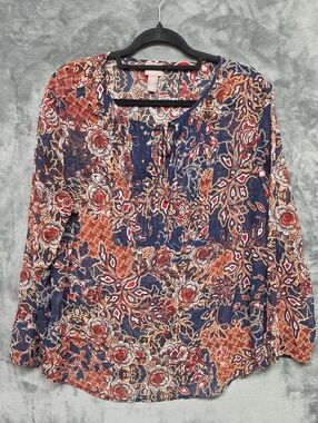 Chico's Navy and Rust Floral Split-Neck Tunic